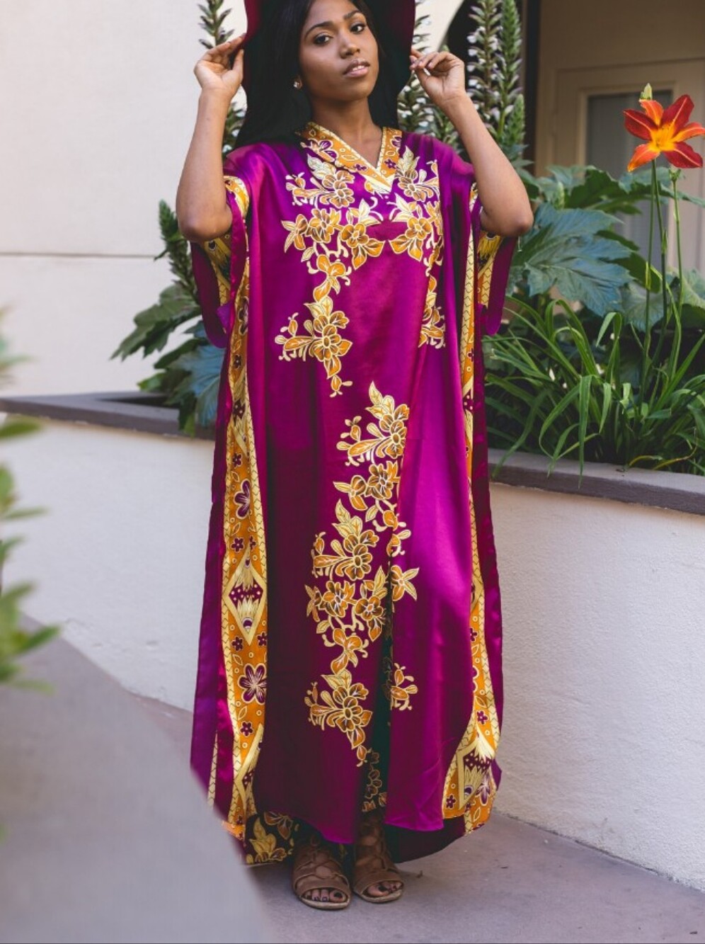 Collections ETC  Fuchsia and Orange Embroidered Caftan Robe